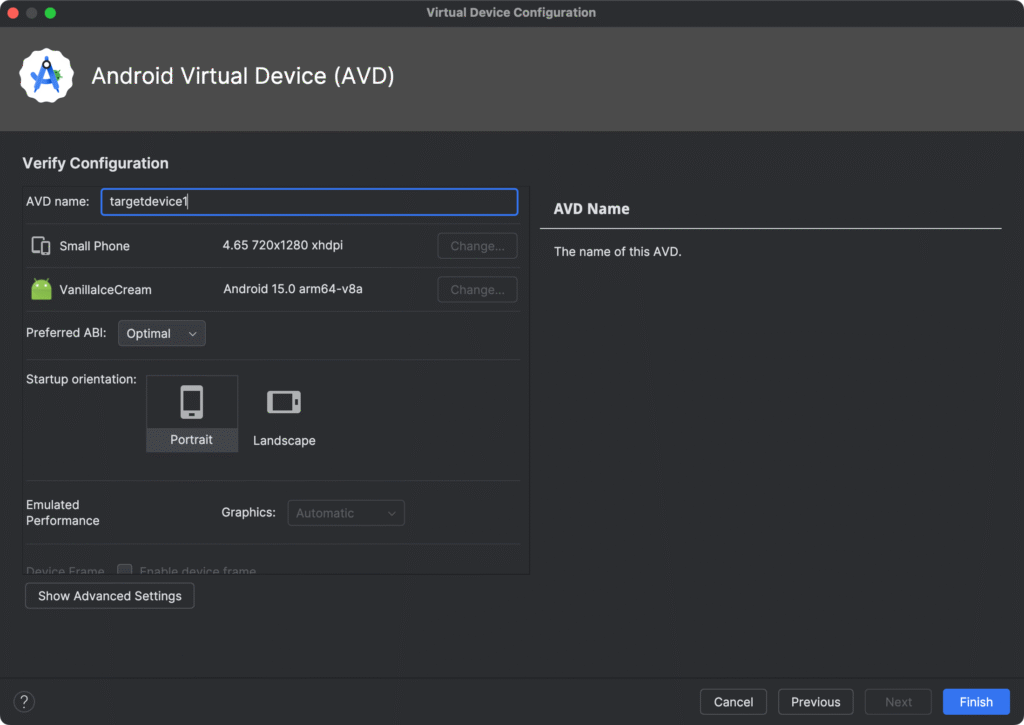 Android Studio AVD configuration screen saving the device as targetdevice1