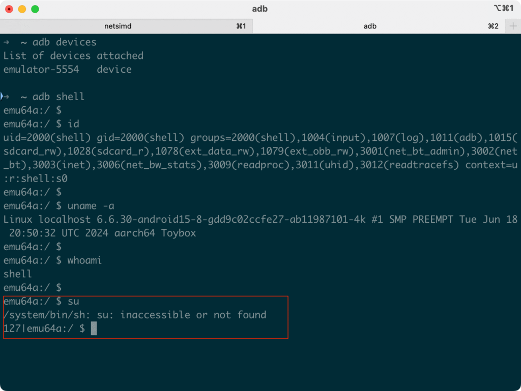 ADB shell showing su command fails with not found on unrooted emulator