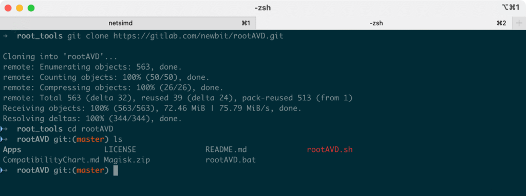 Terminal showing git clone of rootAVD repository from GitLab