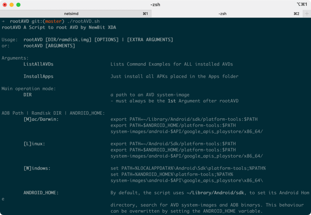 rootAVD.sh usage information printed to terminal confirming the tool is ready