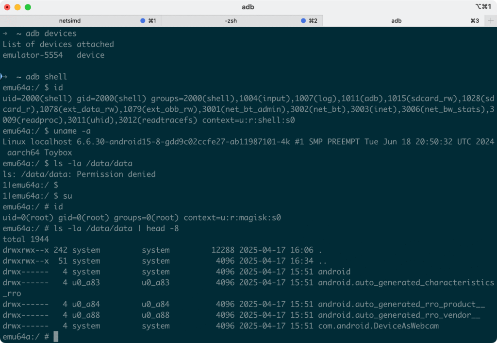 ADB shell showing uid=0(root) confirming successful root access on emulator