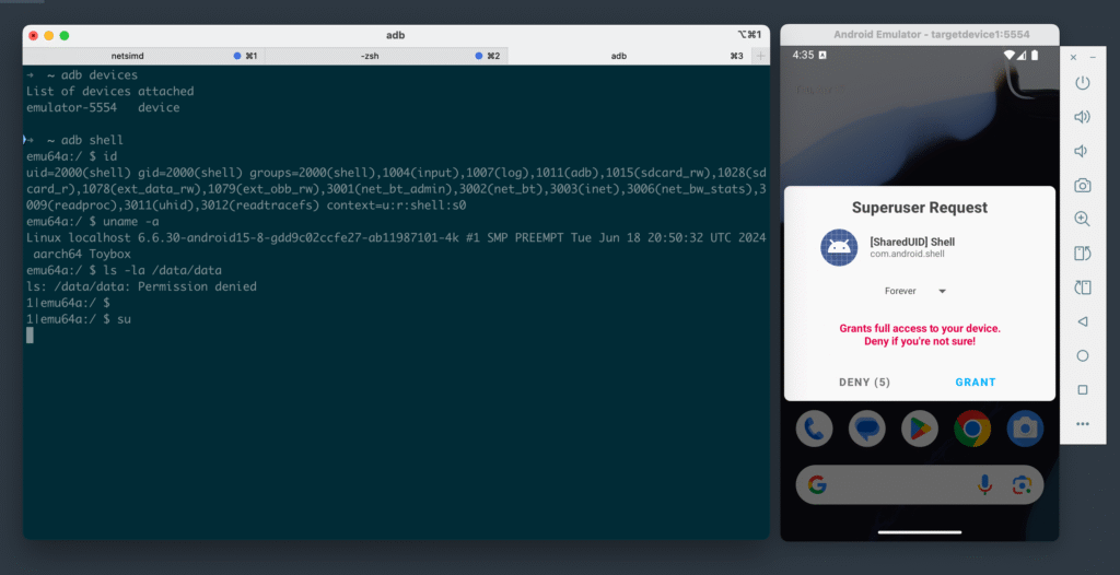 Magisk superuser permission dialog on emulator asking to grant root access to adb shell