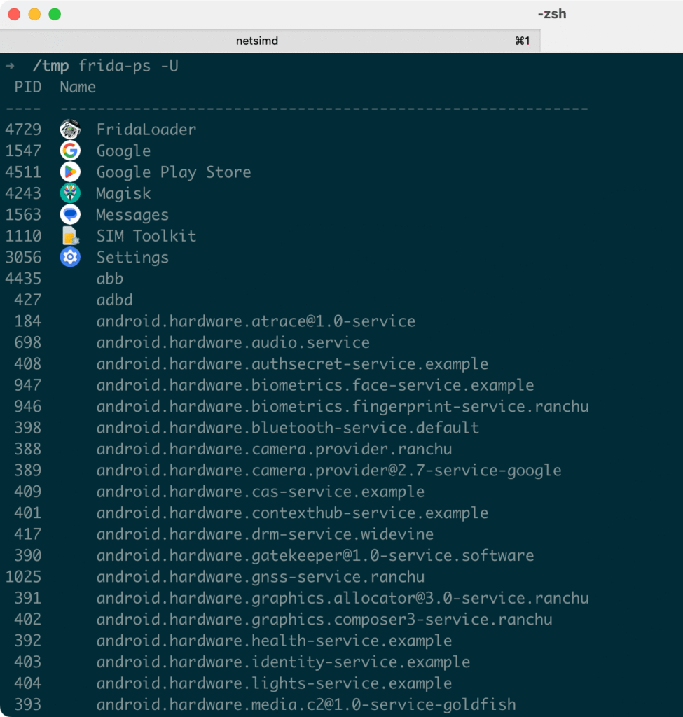 Frida CLI connected to emulator