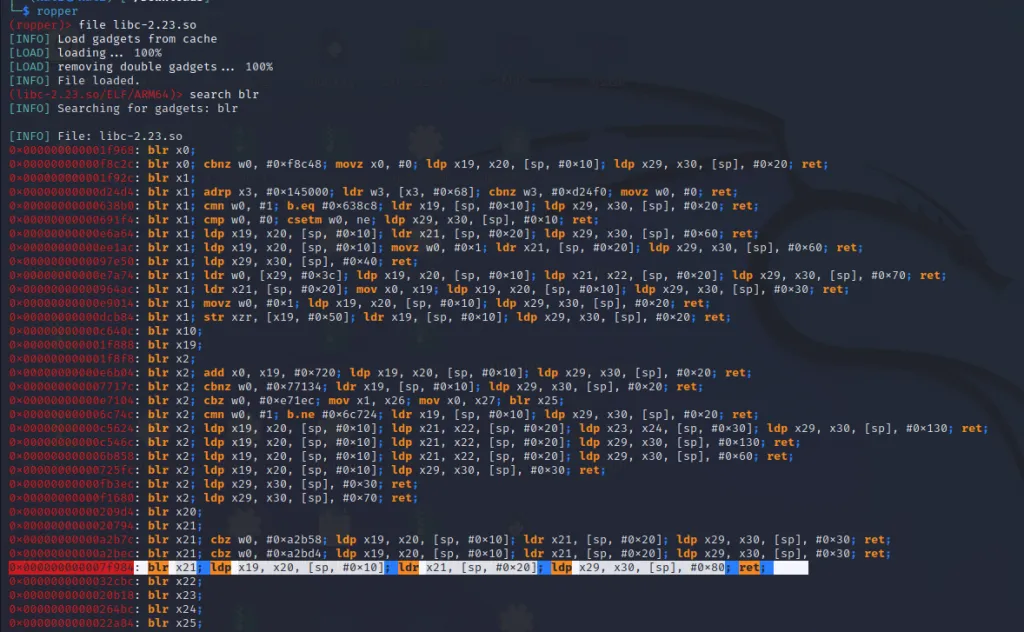Ropper output showing blr gadget that branches and restores control