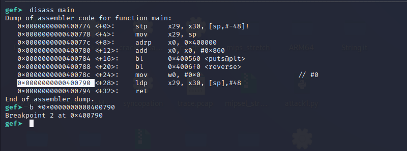 Breakpoint set at ldp instruction before ret in main