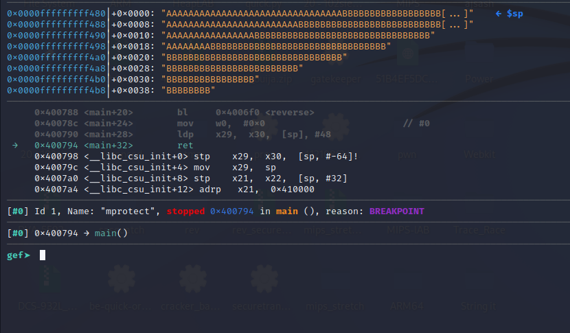 Breakpoint hit at ret with exploit payload on stack