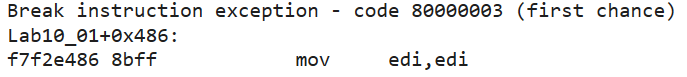 WinDbg showing execution stopped at breakpoint address 0xf7f2e486 in kernel driver code