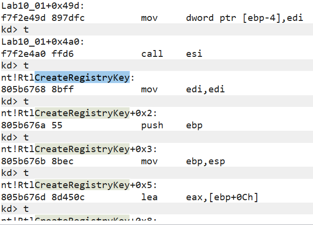 WinDbg step-into output showing multiple registry access calls to disable the firewall