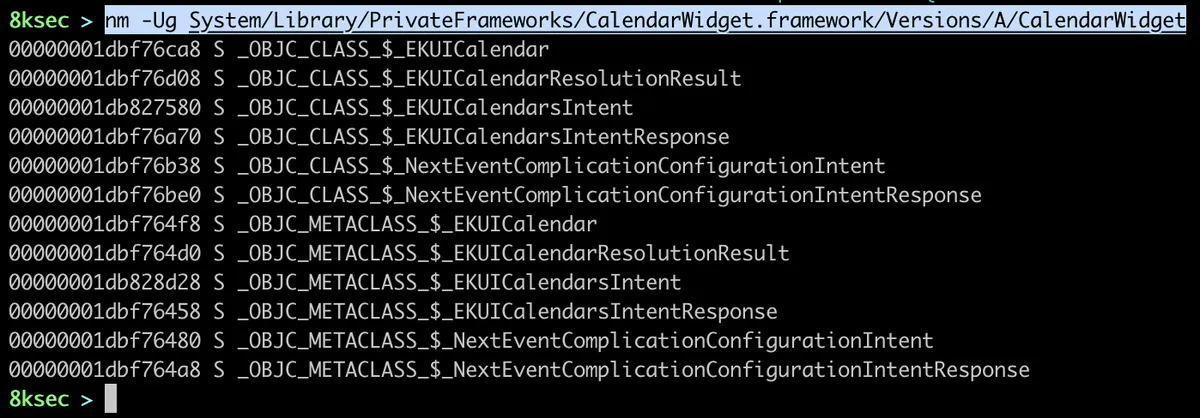 IPSW output showing symbols extracted from the Calendar widget dylib in the shared cache