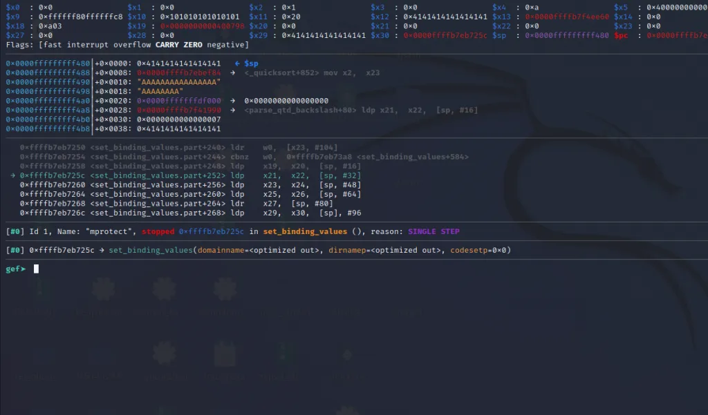 GDB debugging exploit with breakpoint at first gadget