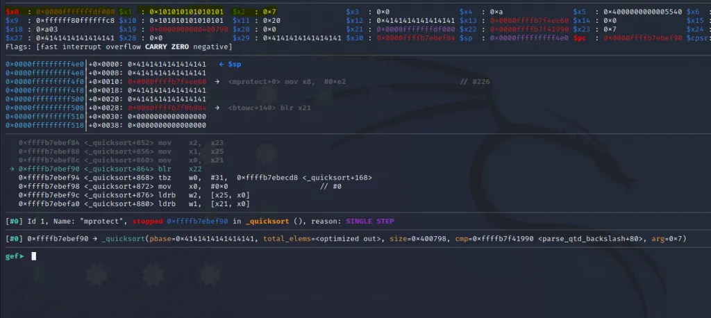 Registers x0 x1 x2 loaded with mprotect arguments
