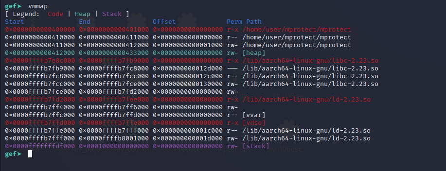 vmmap showing stack permissions before mprotect call