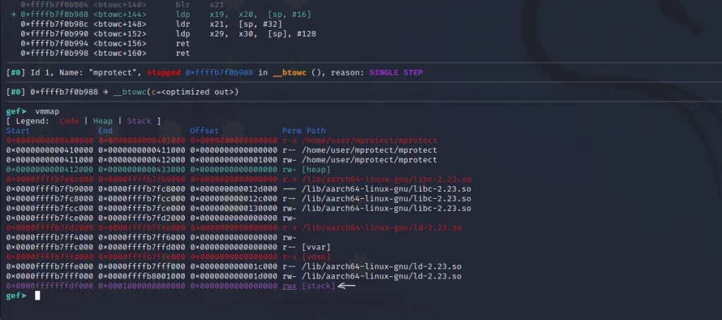 vmmap showing stack now has execute permission after mprotect