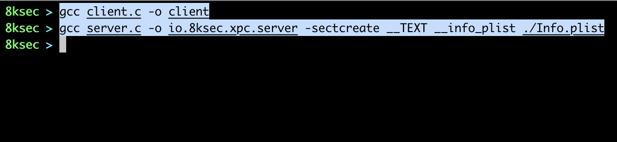 Terminal showing compiler command embedding plist into __TEXT segment __info_plist section