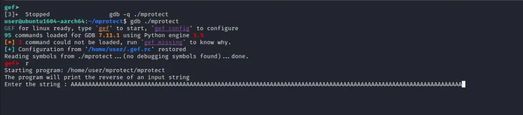 GDB showing large input causing buffer overflow