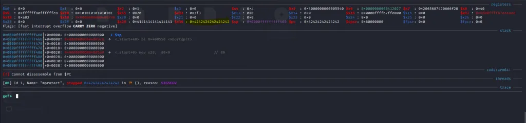 PC register filled with B characters confirming offset