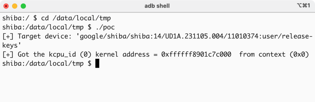 CVE-2023-26083 exploit output on Pixel 8 device showing a leaked kernel address starting with 0xfffff