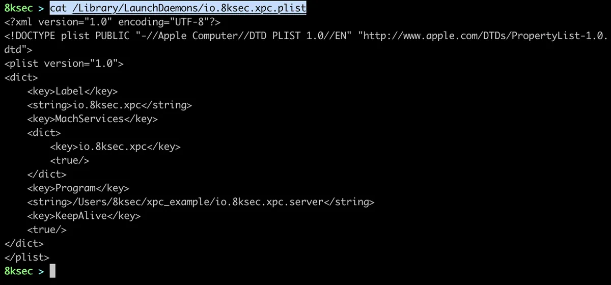 LaunchDaemon plist file configuration for registering XPC server with launchd