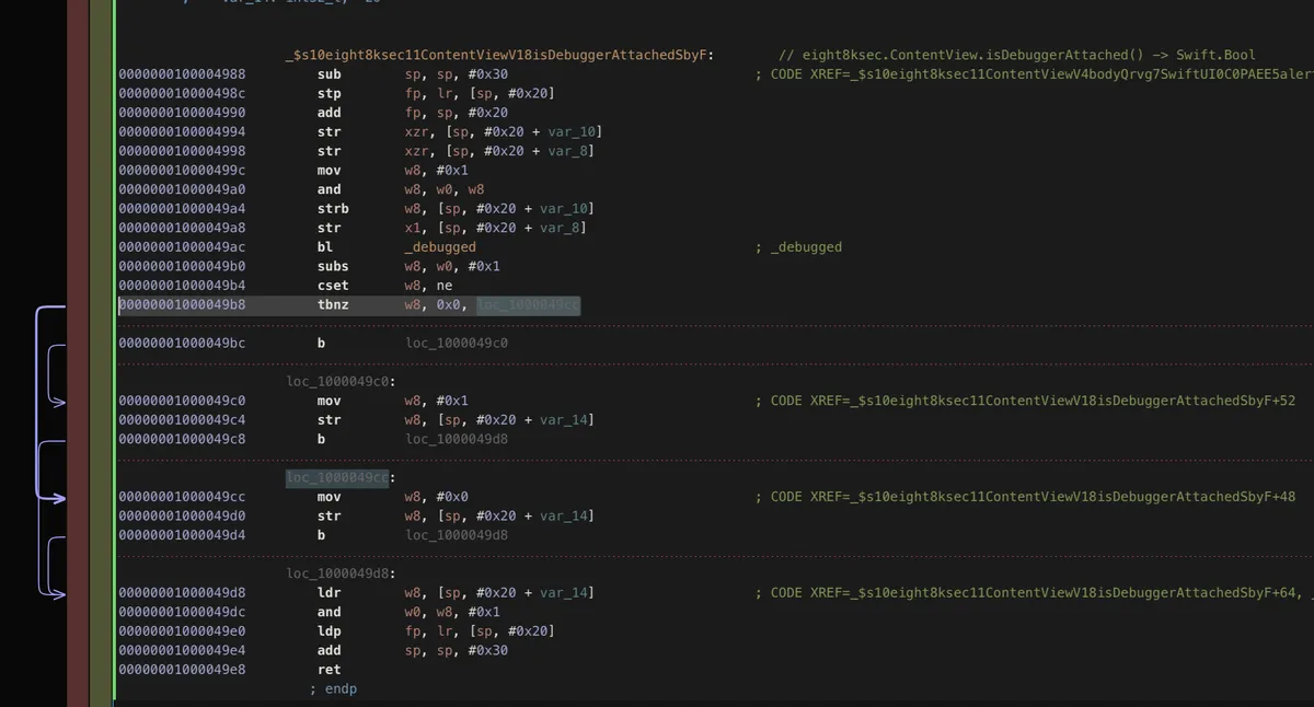 Hopper disassembly at XREF showing branch instruction to replace with NOP for bypass