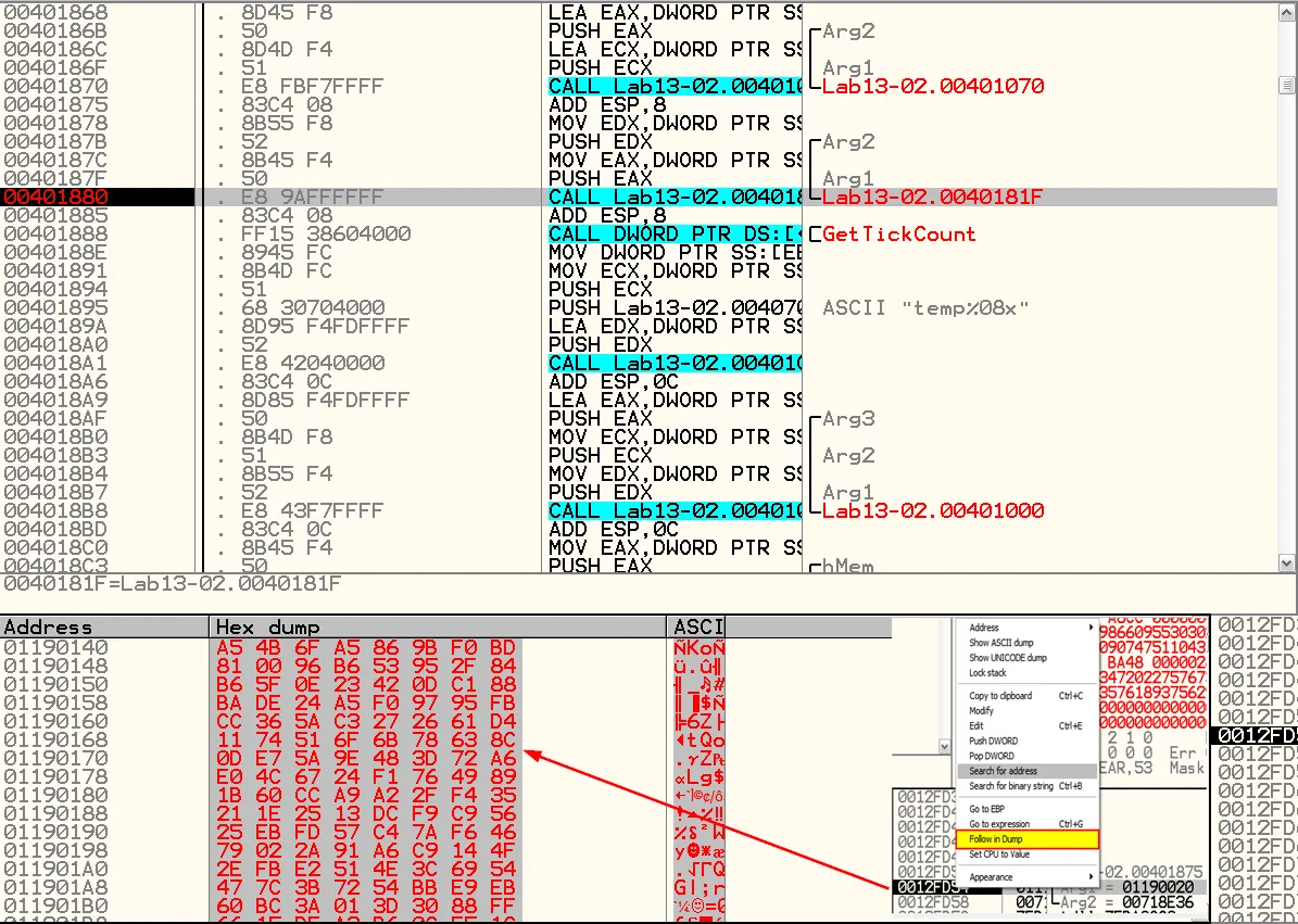 OllyDbg plugin interface demonstrating instrumentation-based decoding of encrypted malware strings