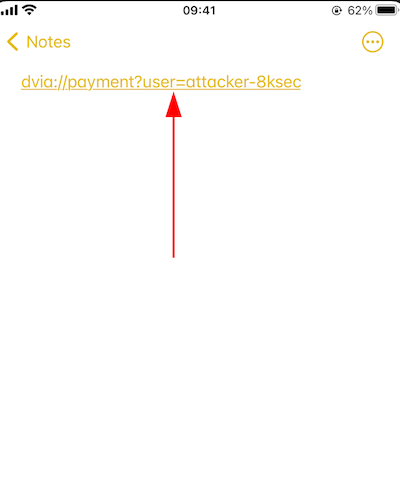 CSRF deep link payload dvia://payment?user=attacker-8ksec supplied to victim