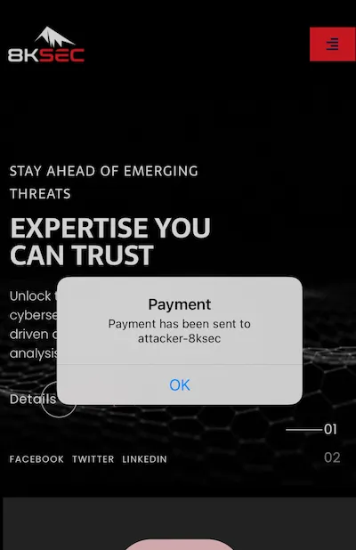 Payment alert triggered for attacker account via CSRF deep link exploitation