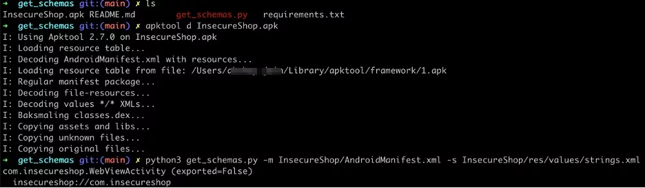 get_schemas tool output showing URI schemes extracted from InsecureShop APK