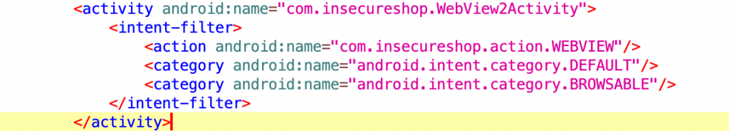 AndroidManifest deep link declaration in InsecureShop showing /webview endpoint for scenario 2