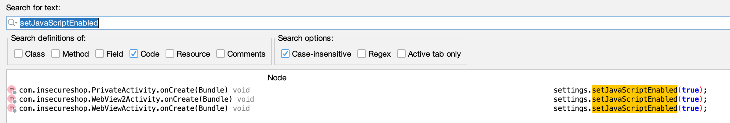 JADX search results showing activities with setJavaScriptEnabled(true) in InsecureShop