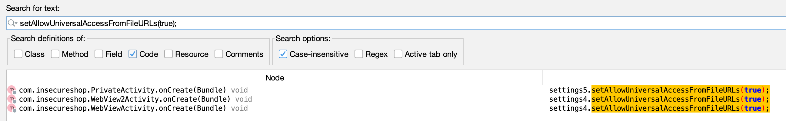 JADX search results showing all calls to getAllowUniversalAccessFromFileURLs in InsecureShop