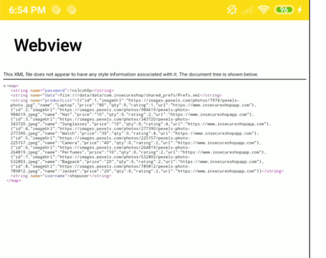 WebView displaying extracted login credentials from InsecureShop shared preferences file