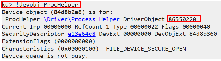 WinDbg output of devobj ProcHelper command showing device object address in kernel memory