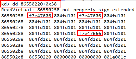 WinDbg dd command output listing MajorFunction addresses for malicious driver callbacks
