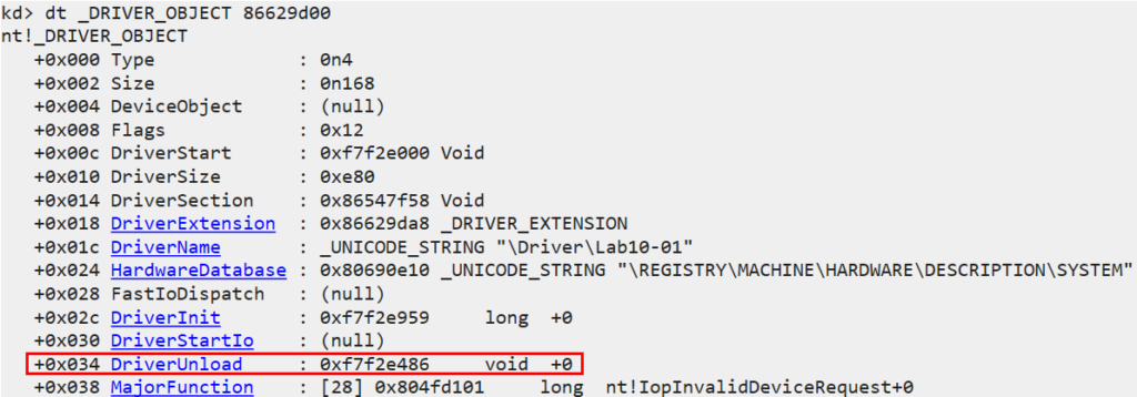 WinDbg dt nt!_DRIVER_OBJECT output for lab10-01 driver showing no Device Object from User Space