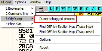 OllyDump dialog for dumping the unpacked process from memory at the identified OEP address
