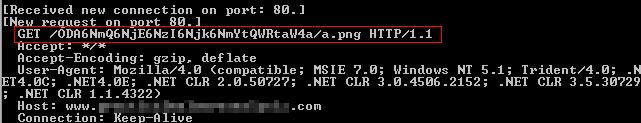 FakeNet output showing malware HTTP GET beacon with Base64-encoded endpoint data