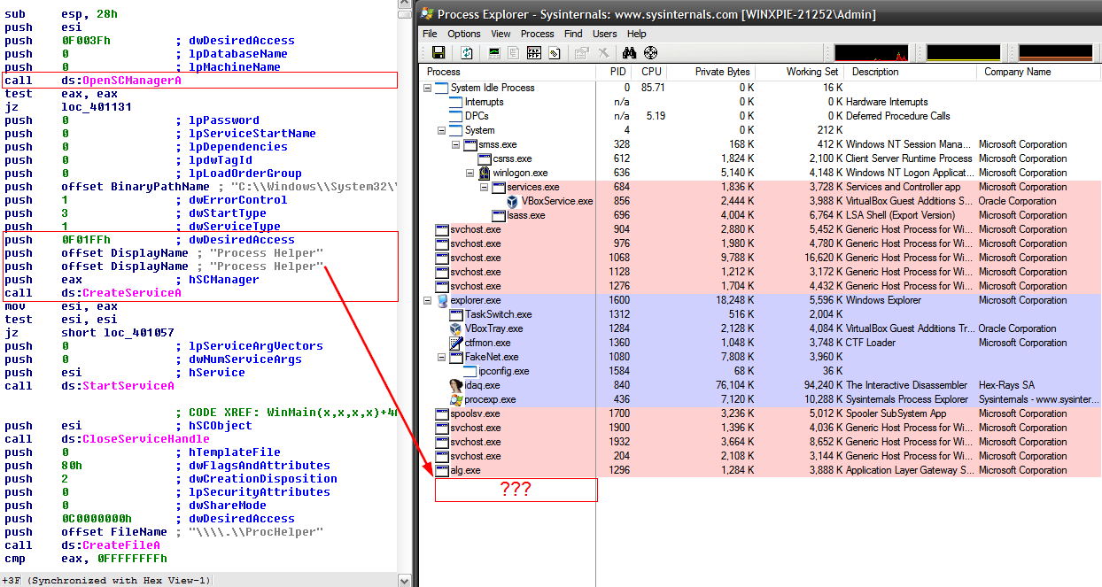 Process Explorer showing no evidence of running rootkit process despite active execution