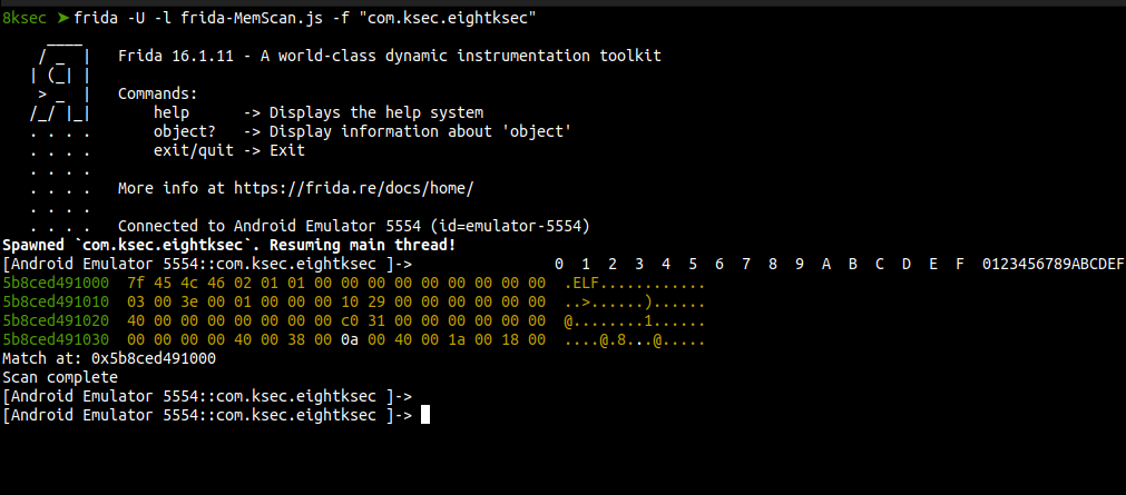 Frida Memory.scan output matching ELF magic header pattern at process base address