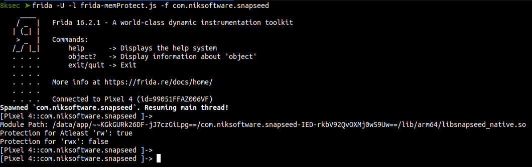 Frida script output showing Memory.protect results for snapseed library with rw permissions