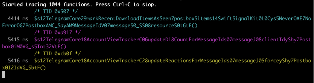 frida-trace output with Postbox and messagesByDay functions excluded, showing reduced set of Telegram message traces