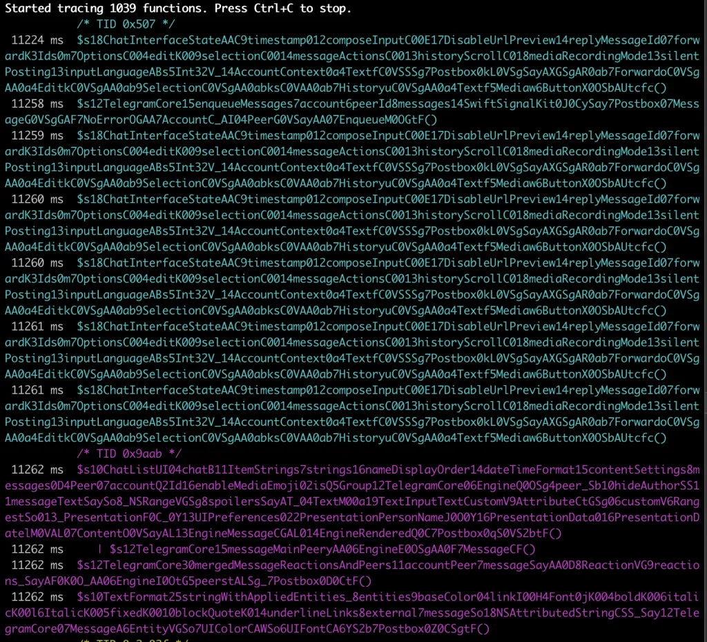 frida-trace output showing Swift-mangled function calls made when a Telegram message is sent