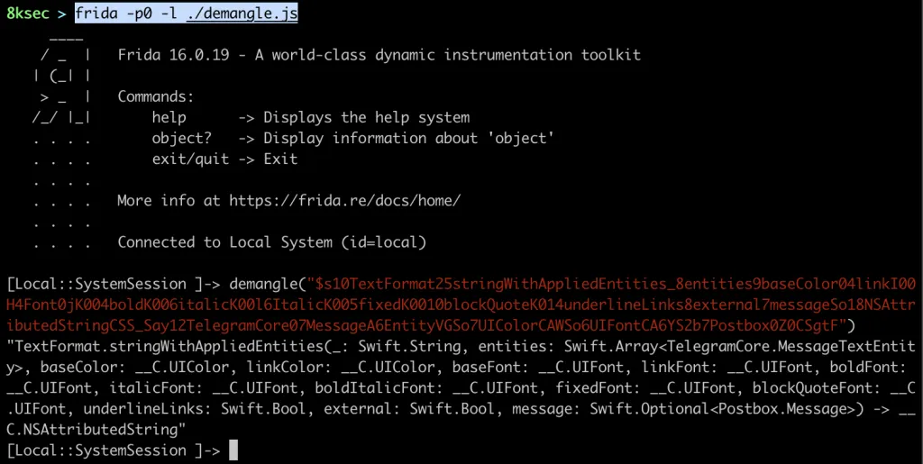 Frida output showing demangled Swift function name TextFormat.stringWithAppliedEntities with argument types