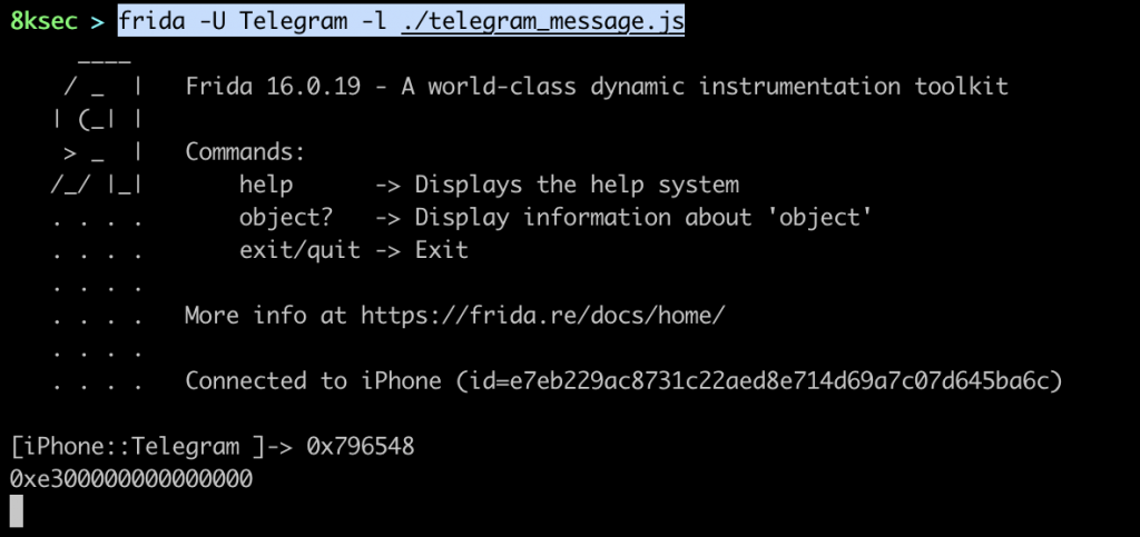 Frida interceptor output showing x0 and x1 register hex values when sending 'Hey' in Telegram