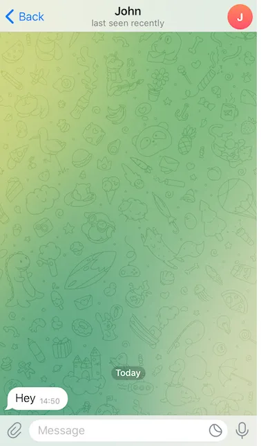 Telegram iOS app showing the 'Hey' test message sent for register value inspection