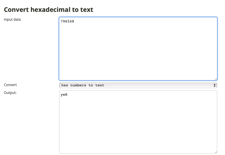 Hex to ASCII conversion showing x0 register value 0x796548 decodes to 'Hey' in reverse (Little Endian)