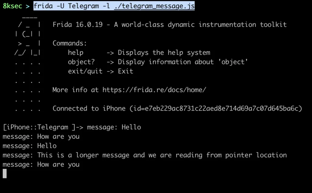 Frida script output showing extracted plaintext Telegram messages from Swift string registers