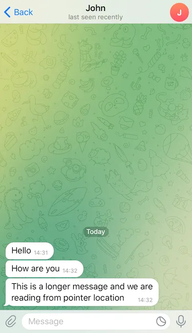 Telegram iOS app showing the three test messages (Hello, Hello there, Hello there this is a longer message)