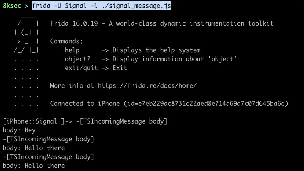Frida script output showing TSIncomingMessage body interception with method selector and return value