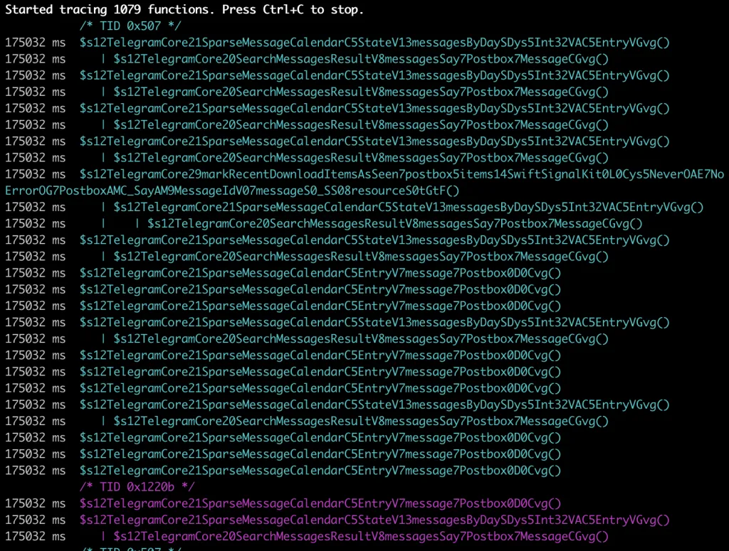 frida-trace output showing Swift-mangled Telegram message function names